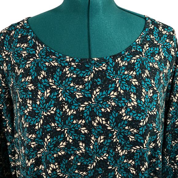 Rafaella Enchanting Leaf Pattern Bell Sleeve Top LARGE Teal Cream Black Asymmetr - Picture 3 of 15